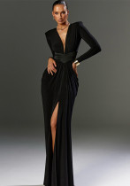 Women V Neck Shoulder Pad Long Sleeve Slit Sexy Maxi Dress Women V Neck Shoulder Pad Long Sleeve Slit Sexy Maxi Dress
