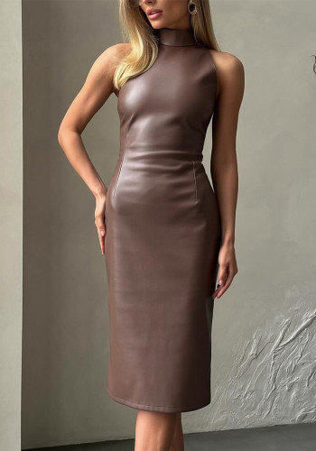 Women Sleeveless Stand Collar Slit Solid pu Leather Dress