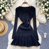 Women French knitting dress with bow and ruffles