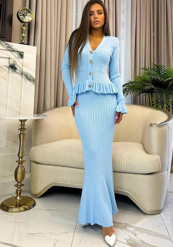 Women Autumn Metal Button Knitting Dress