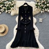 Women V-neck Metal Button Ruffle Dress