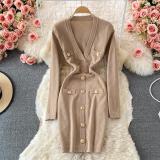 Autumn And Winter Women's V-Neck Long-Sleeved Sweater Dress Slim Fit Bodycon Knitting Dress