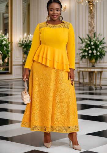 See-Through Round Neck Long-Sleeved Lace Ruffle Formal Party Dress