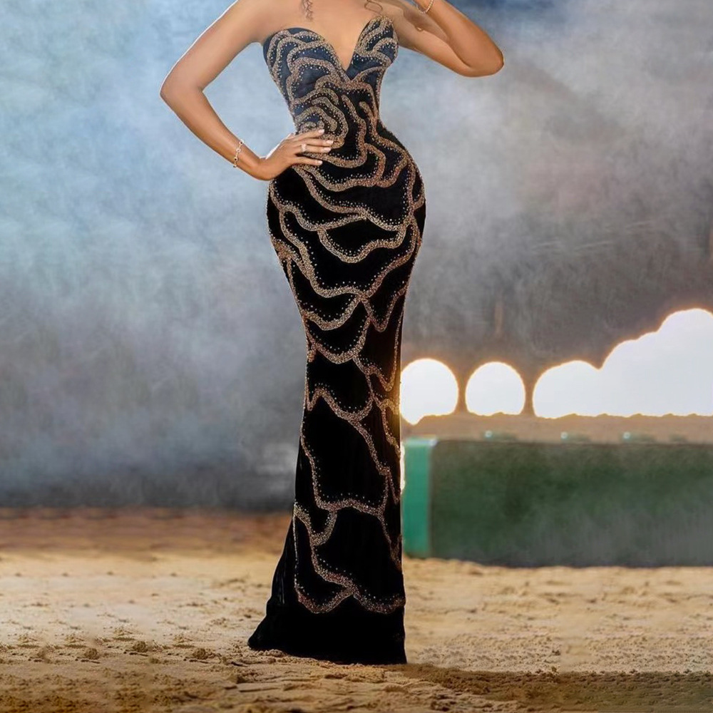 V-Neck Strapless Luxury Sequin Formal Party Long Dress