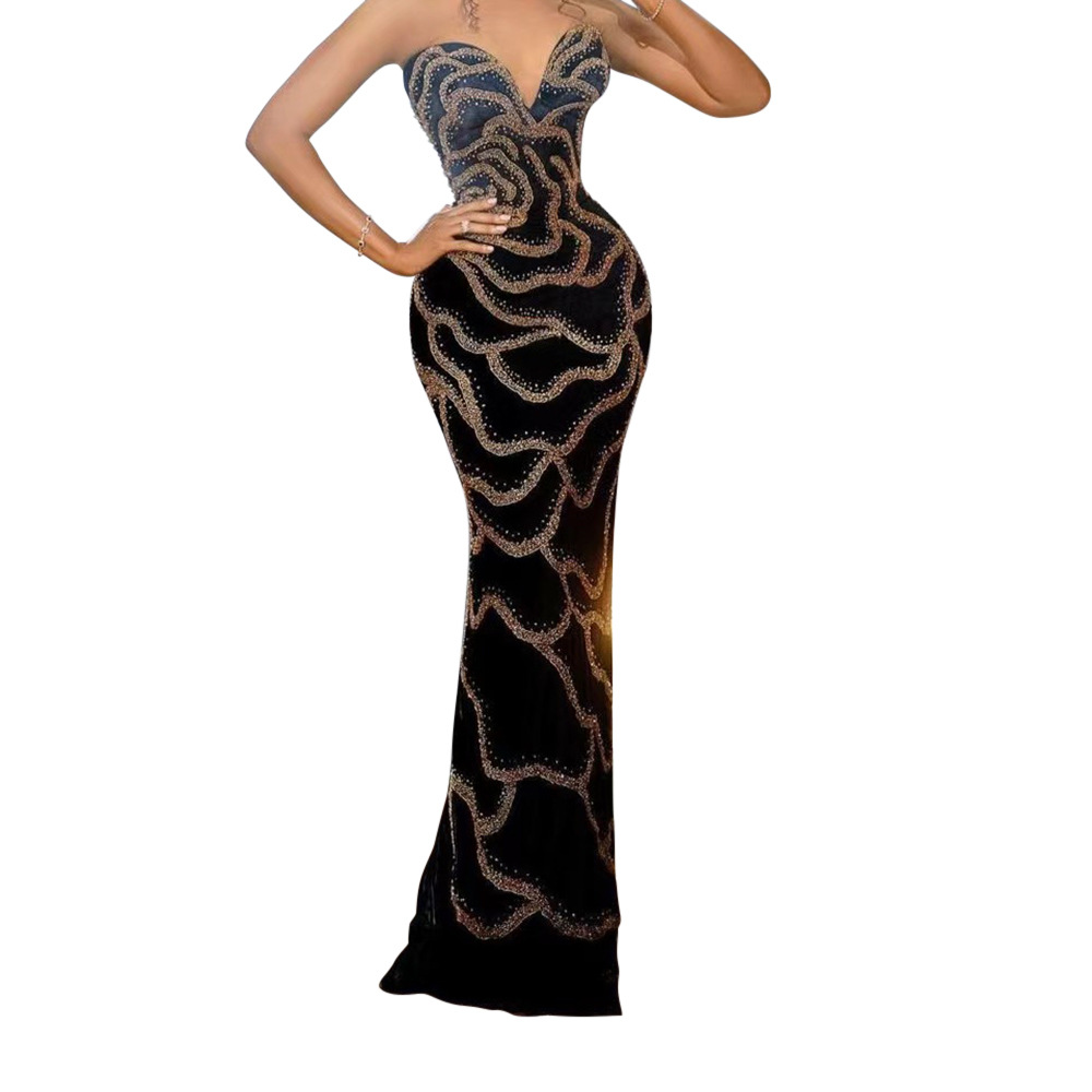 V-Neck Strapless Luxury Sequin Formal Party Long Dress