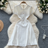 Women French Retro Turndown Collar Short Sleeve Sweater Dress