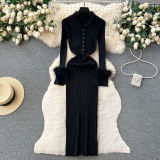 Luxury Knitting Dress Autumn And Winter Turndown Collar Feather Tight Fitting Dress