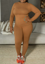 Plus Size Long Sleeve Round Neck Tight Fitting Two-Piece Pants Set