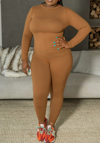 Plus Size Long Sleeve Round Neck Tight Fitting Two-Piece Pants Set