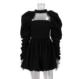 Women Sexy Long Sleeve Strapless Black A-Line Dress