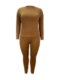 Plus Size Long Sleeve Round Neck Tight Fitting Two-Piece Pants Set