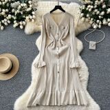 Women V-neck Metal Button Ruffle Dress