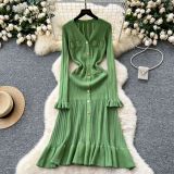 Women V-neck Metal Button Ruffle Dress