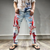 Men's Trendy Patch Webbing Ripped Zipper Denim Pants