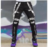 Men's Trendy Patch Webbing Ripped Zipper Denim Pants
