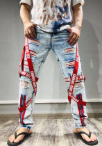 Men's Trendy Patch Webbing Ripped Zipper Denim Pants Men's Trendy Patch Webbing Ripped Zipper Denim Pants