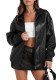 Women Long Sleeve Turndown Collar Zipper Pocket Casual Windbreaker Pu Leather Jacket