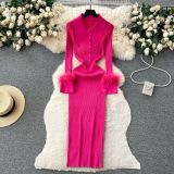 Luxury Knitting Dress Autumn And Winter Turndown Collar Feather Tight Fitting Dress