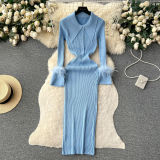Luxury Knitting Dress Autumn And Winter Turndown Collar Feather Tight Fitting Dress