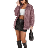 Women Long Sleeve Turndown Collar Zipper Pocket Casual Windbreaker Pu Leather Jacket