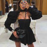 Women Sexy Long Sleeve Strapless Black A-Line Dress