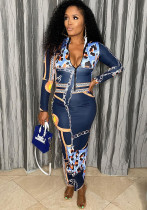 Women's Zipper Printed Long Sleeve Slim Dress With Belt Women's Zipper Printed Long Sleeve Slim Dress With Belt