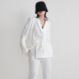 Women double-breasted floral Patchwork Blazer + high-waisted Bell Bottom pants two-piece set