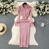 Luxury Knitting Dress Autumn And Winter Turndown Collar Feather Tight Fitting Dress