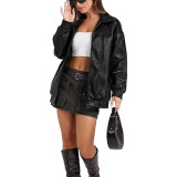 Women Long Sleeve Turndown Collar Zipper Pocket Casual Windbreaker Pu Leather Jacket