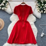 Women French Retro Turndown Collar Short Sleeve Sweater Dress