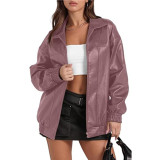 Women Long Sleeve Turndown Collar Zipper Pocket Casual Windbreaker Pu Leather Jacket