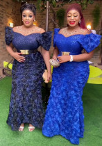 African Women's Dress Luxury Embroidery Off Shoulder Mesh Beaded Belted Evening Dress African Women's Dress Luxury Embroidery Off Shoulder Mesh Beaded Belted Evening Dress
