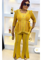 African Women's Suit Bubble Mesh Fashion Beaded Elastic Split Three-Piece Pants Set