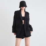 Women double-breasted floral Patchwork Blazer + high-waisted Bell Bottom pants two-piece set