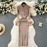 Luxury Knitting Dress Autumn And Winter Turndown Collar Feather Tight Fitting Dress