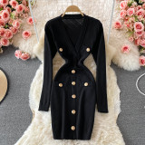 Autumn And Winter Women's V-Neck Long-Sleeved Sweater Dress Slim Fit Bodycon Knitting Dress