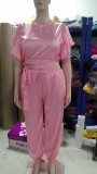 Women Ruffle Edge Sleeve Lace-Up Top and Elastic Pants Two-piece Set