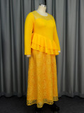 See-Through Round Neck Long-Sleeved Lace Ruffle Formal Party Dress