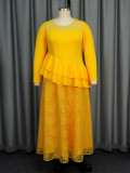 See-Through Round Neck Long-Sleeved Lace Ruffle Formal Party Dress