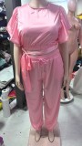 Women Ruffle Edge Sleeve Lace-Up Top and Elastic Pants Two-piece Set