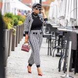 Women Casual long-sleeved Top and Pant houndstooth two-piece set