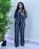 Women Casual Striped Long Sleeve Top and Pant Two Piece Set