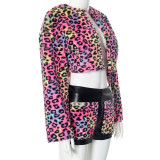 Women autumn Casual leopard plush Patchwork Pu-Leather Top and shorts Two Piece Set