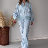 Women summer sequin print zipper casual top and pant two-piece set