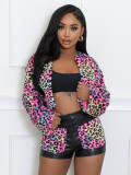 Women autumn Casual leopard plush Patchwork Pu-Leather Top and shorts Two Piece Set