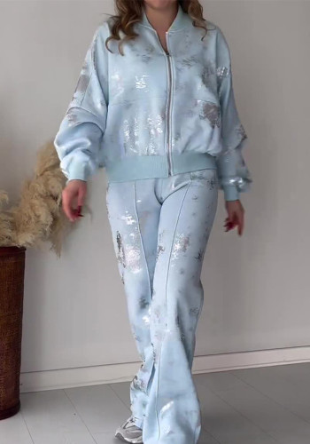 Women summer sequin print zipper casual top and pant two-piece set