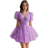 Women bridesmaid dress with flower V-neck short-sleeved dress