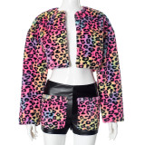 Women autumn Casual leopard plush Patchwork Pu-Leather Top and shorts Two Piece Set