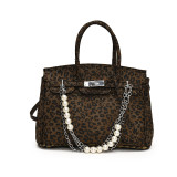 Women French leopard platinum handbag pearl chain shoulder messenger bag
