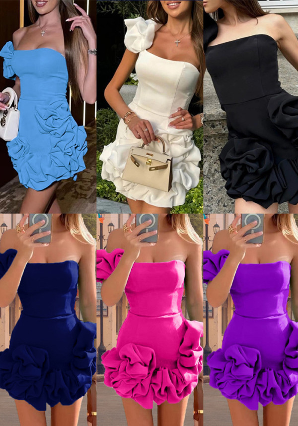 Women Summer Ruffle Flower Bud One Shoulder Strapless Bodycon Dress